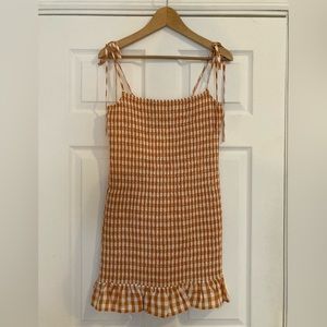 Reformation Gemini mini dress - orange & white check, size L
